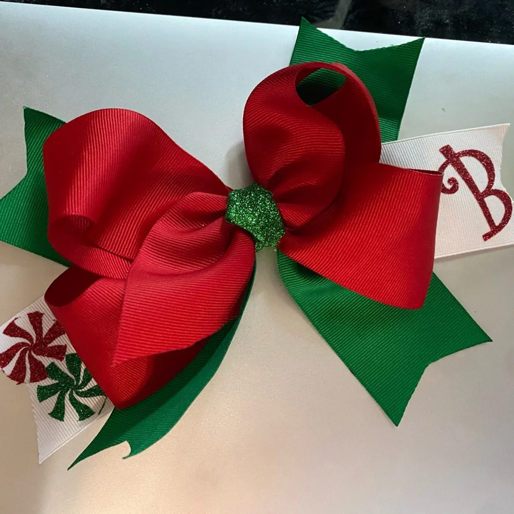 Custom large 9 inch Christmas Hair Bow for Girls! Letter B! Red white & green